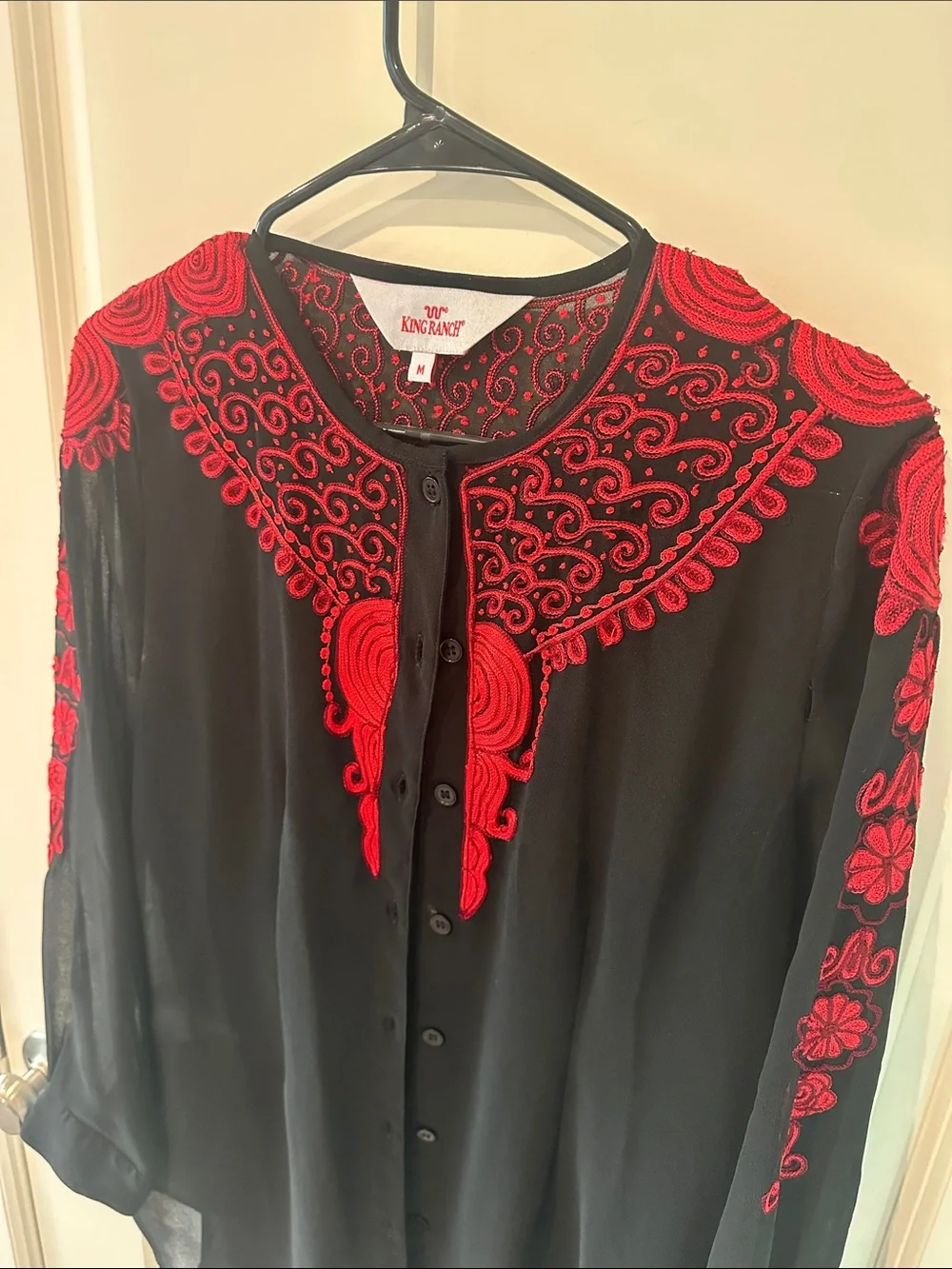 Kensie Black Blouse with Red Embroidered Yoke and Sleeve Detail